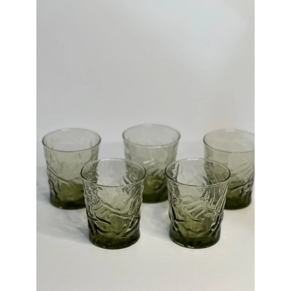 VTG Libbey Aztec Olive Green Drinking Glasses Set 5 MCM Textured Rocks Drinkware
